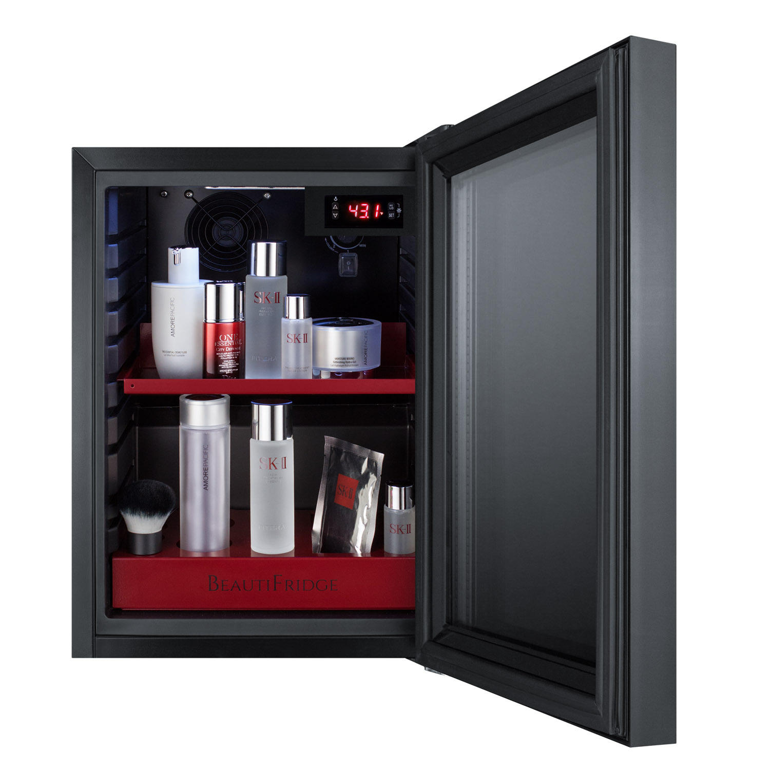 BeautiFridge compact cosmetics cooler with mirror-tinted glass door, black cabinet, lock, glossy ruby-colored shelves, and digital controls set for the storage of beauty products
